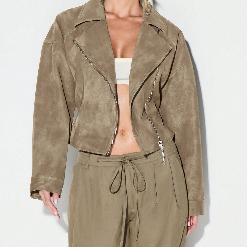 Brown Casual Women's Cropped Biker Suedette Jacket - Picture 7 of 8